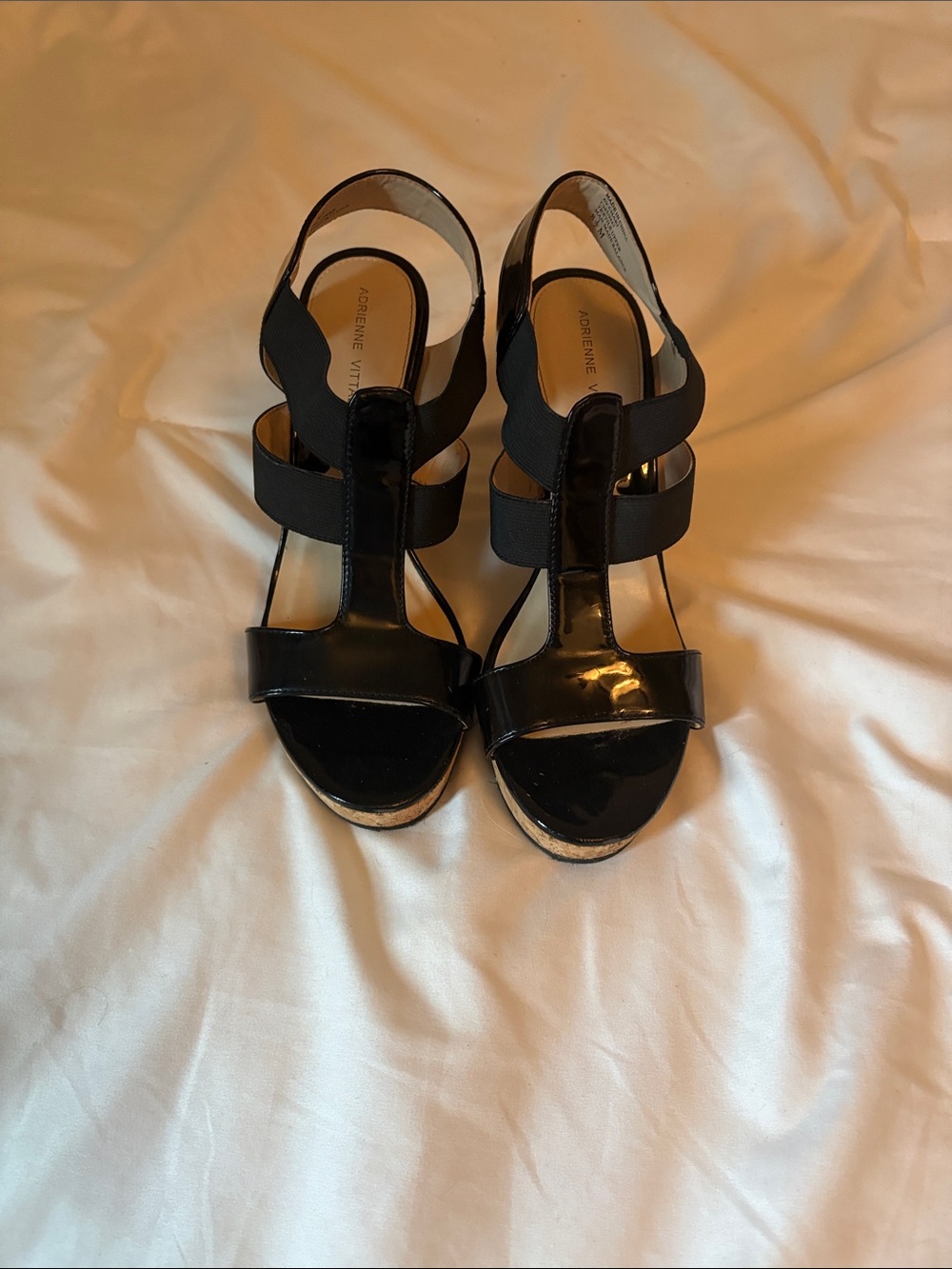 Adrienne Vittadini Black Patent & Elastic T-Strap Wedge Sandals